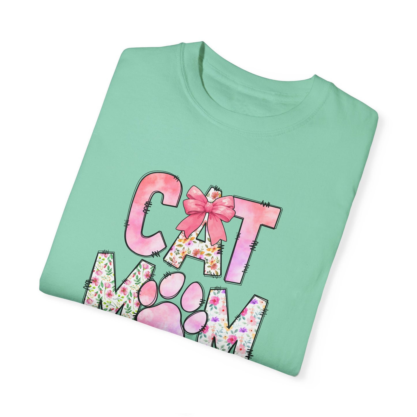Cat Mom Garment-Dyed T-Shirt | Cute Floral Design for Cat Lovers
