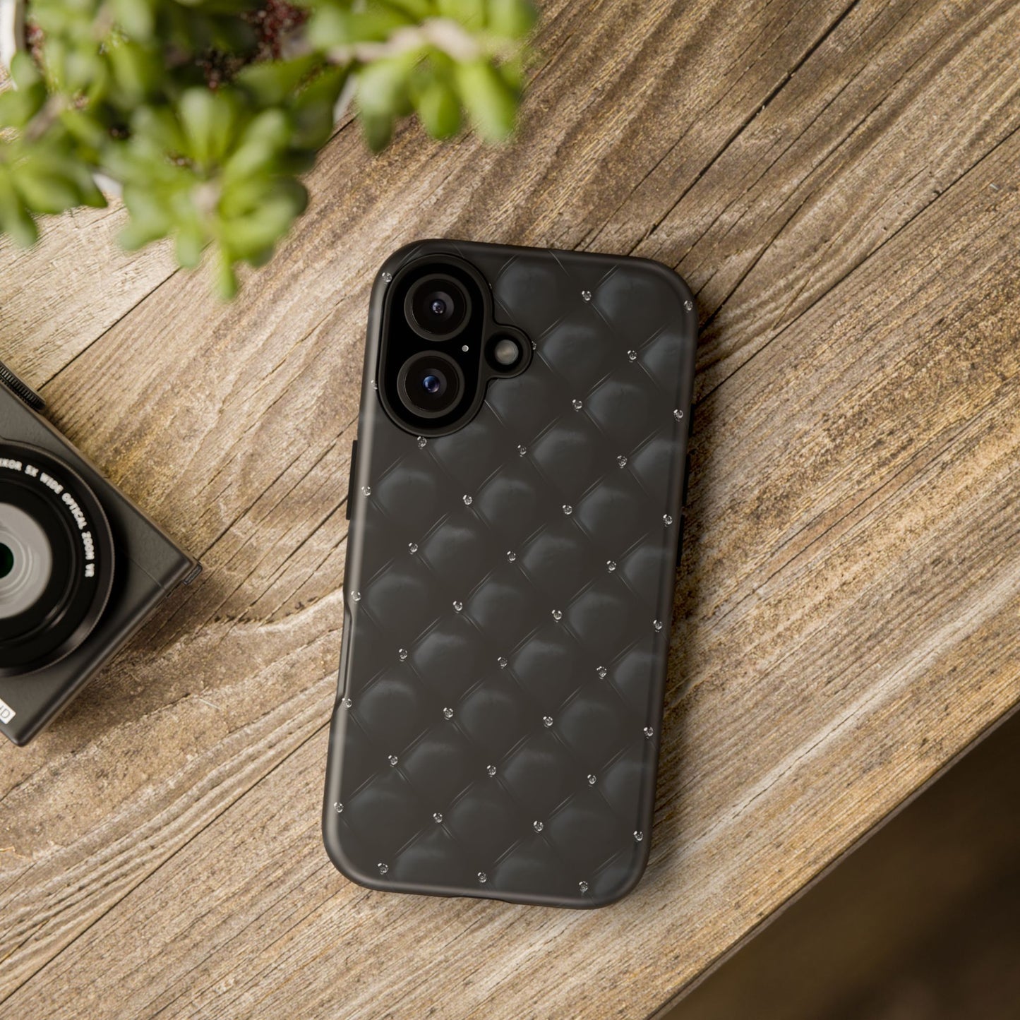 Stylish Tough Phone Case - Elegant Black Quilted Design