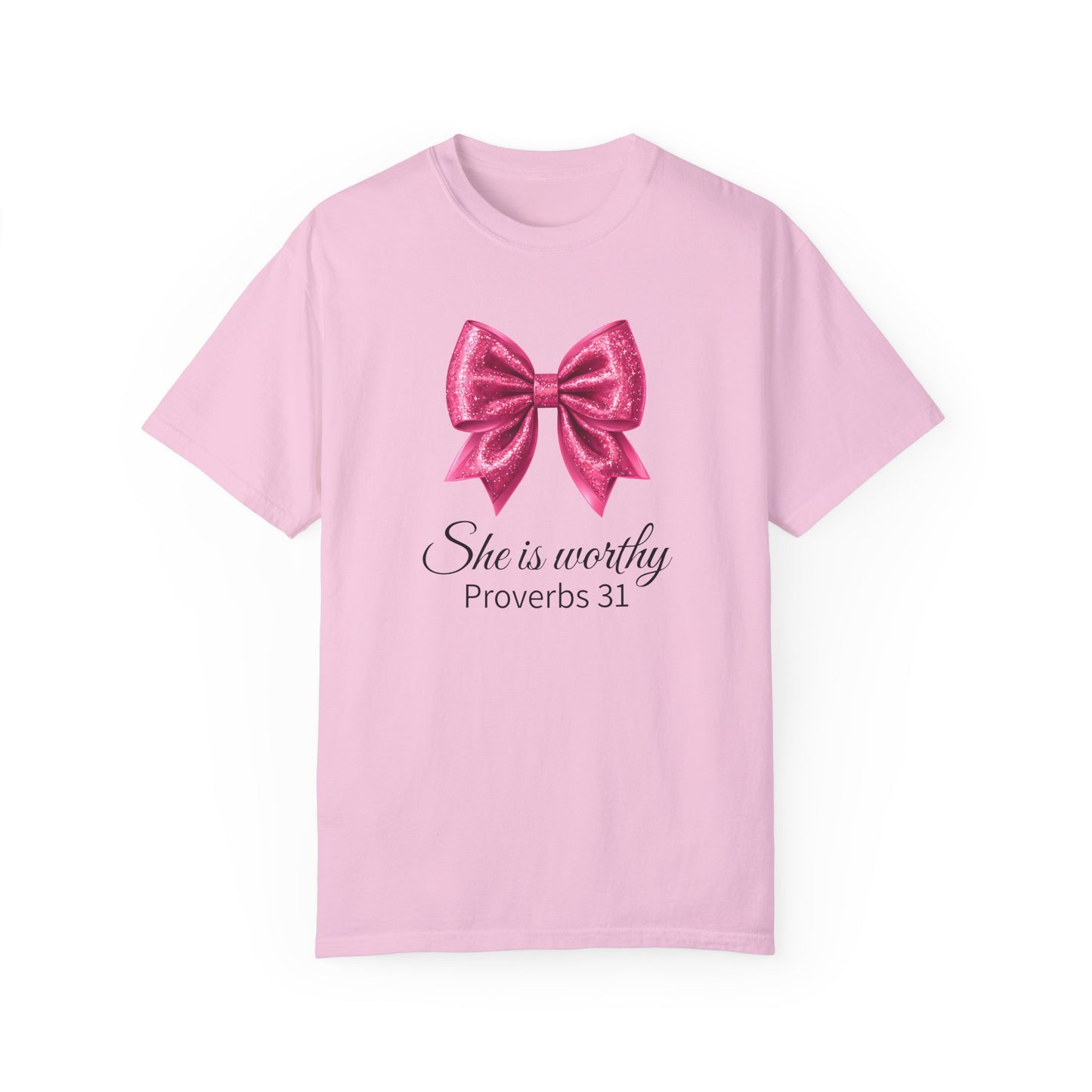 She Is Worthy Coquette Glitter Pink Bow Unisex T-Shirt - Glitter Bow Design