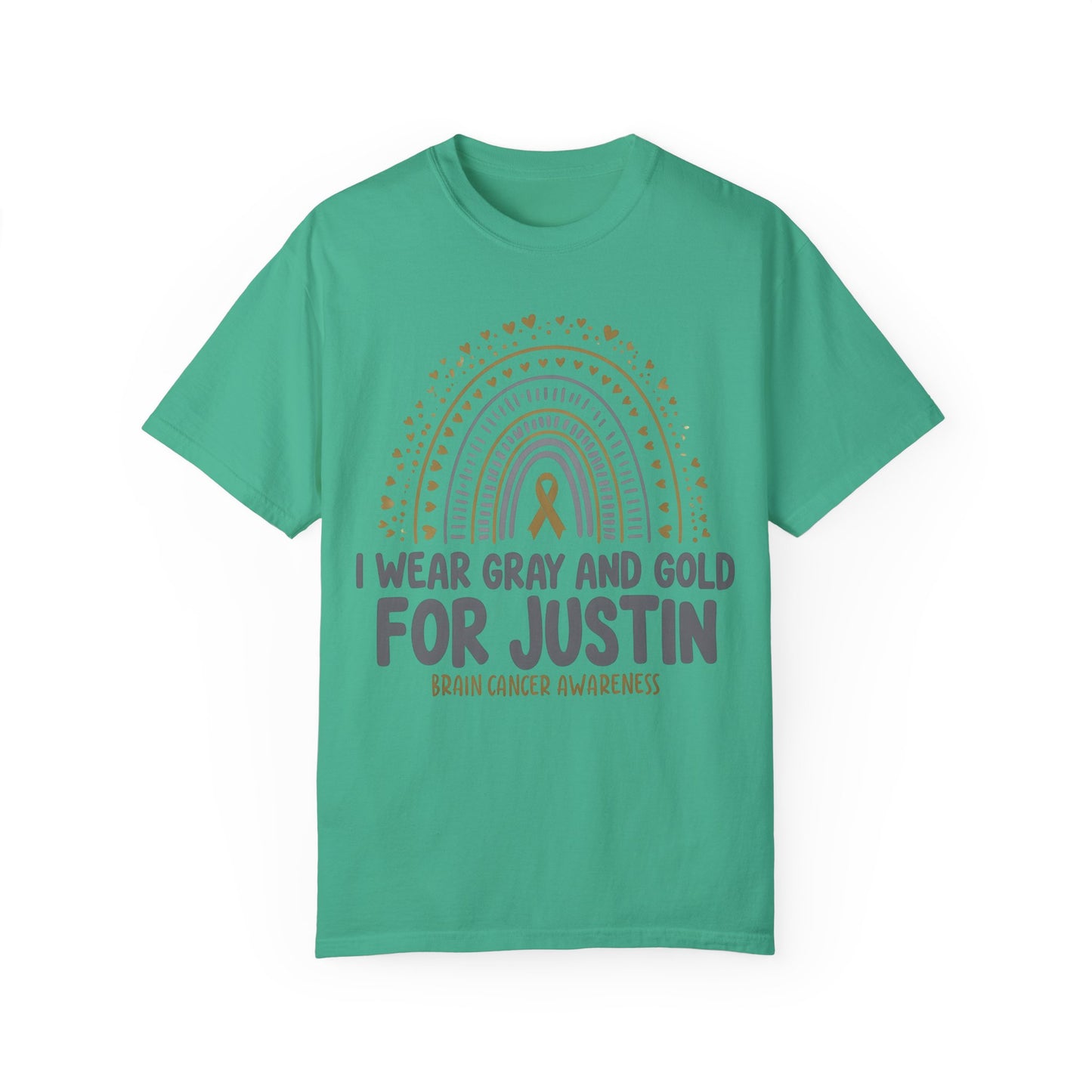 JUSTIN ADULT-Brain Cancer Awareness T-Shirt - I Wear Gray and Gold for Justin