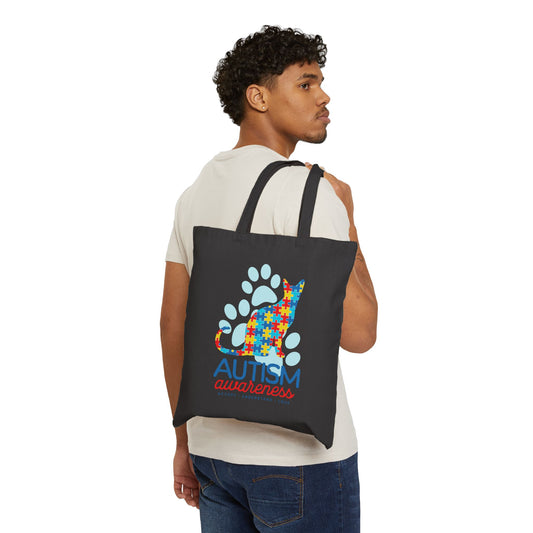 Autism Awareness Cotton Cat Canvas Tote Bag - Supportive & Colorful Design
