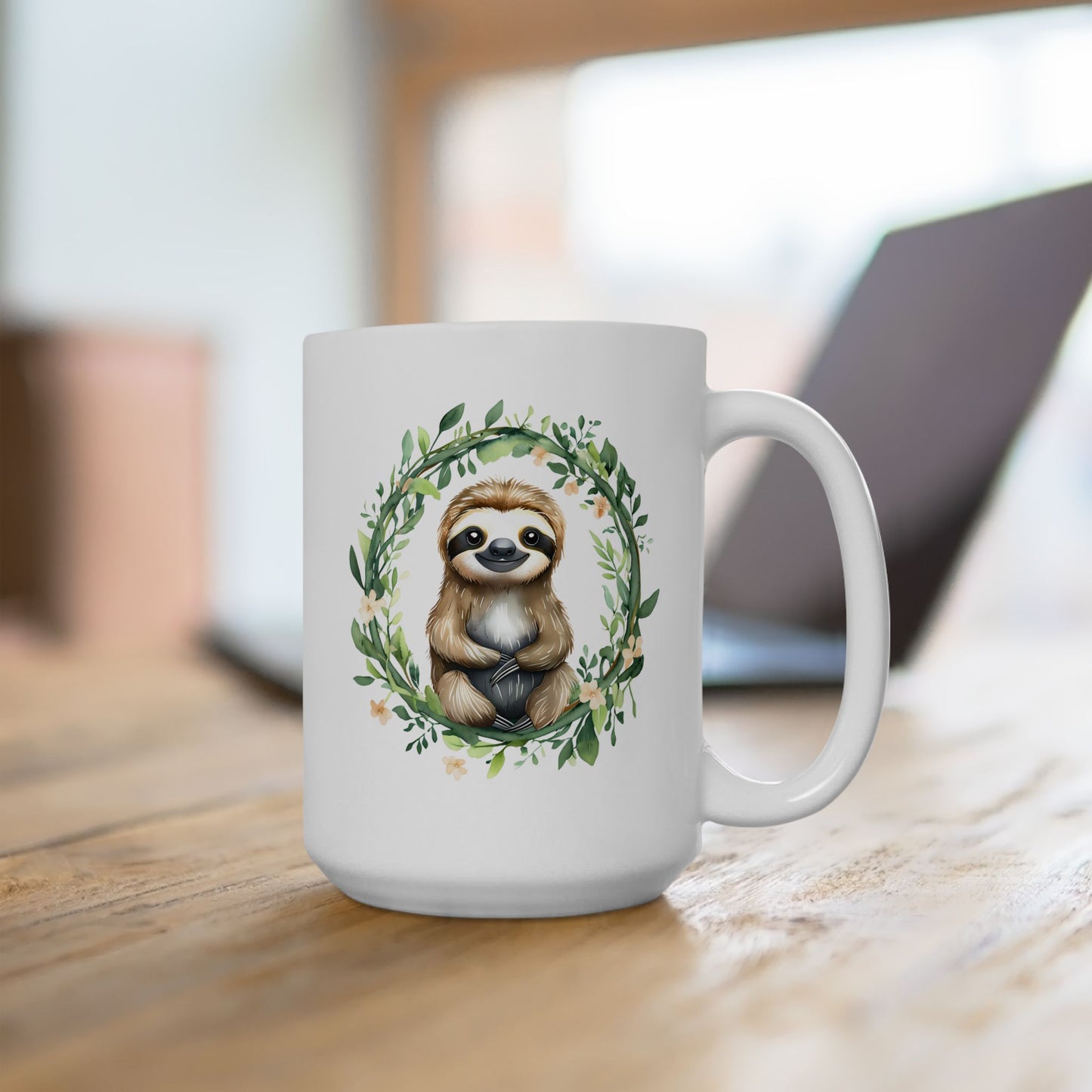 Sloth Floral Wreath Ceramic Mug - 15oz - Perfect Gift for Nature Lovers