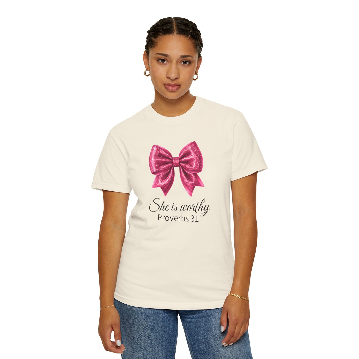 She Is Worthy Coquette Glitter Pink Bow Unisex T-Shirt - Glitter Bow Design