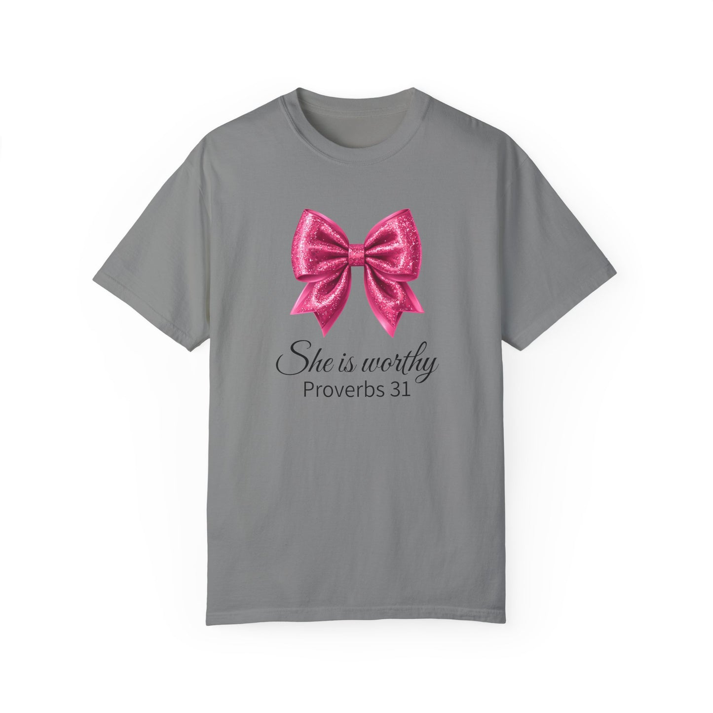 She Is Worthy Coquette Glitter Pink Bow Unisex T-Shirt - Glitter Bow Design