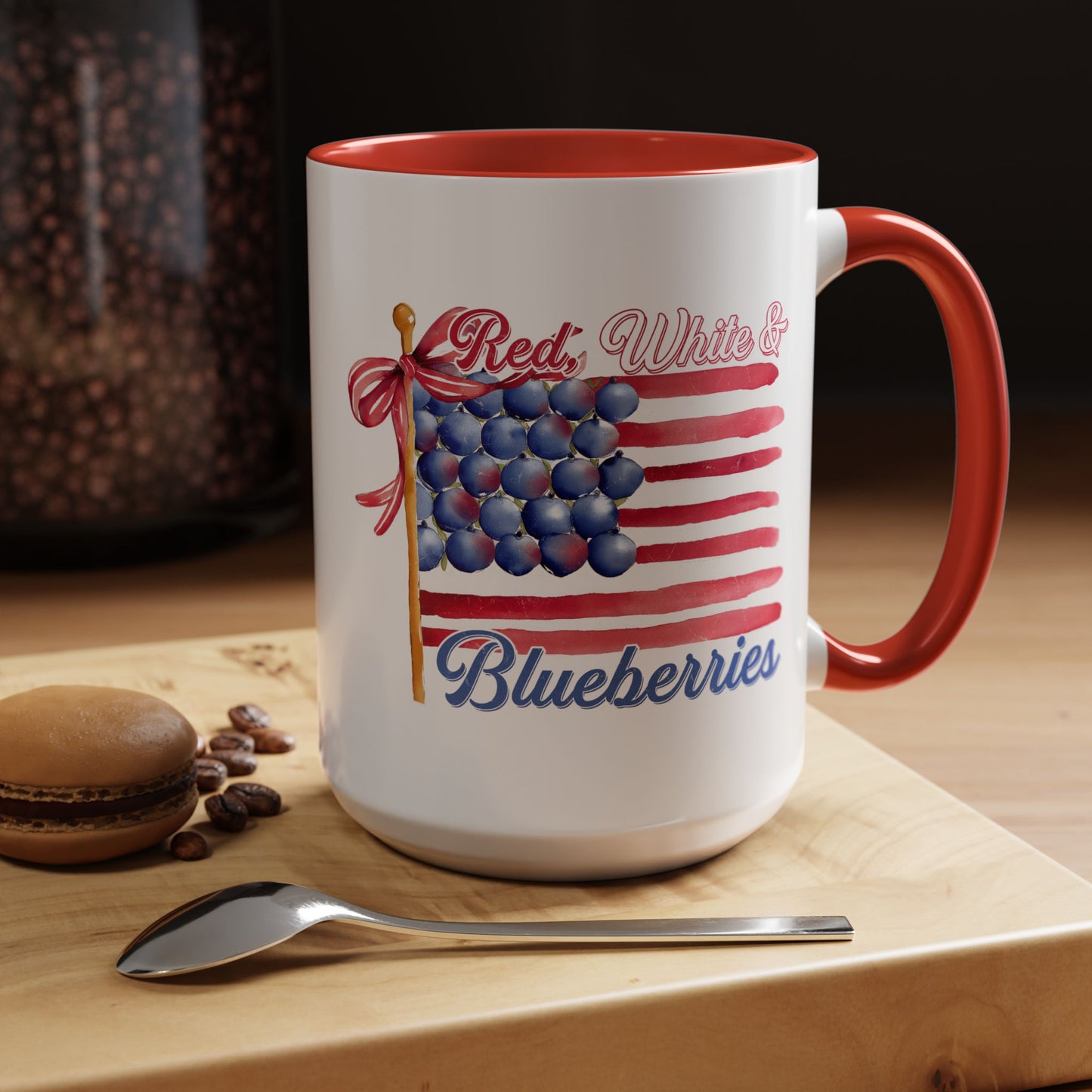 July 4th Accent Coffee Mug with Red, White & Blueberries Design, Patriotic Mug, Americana Decor, Summer BBQ Drinkware, Holiday Gift