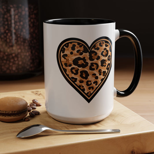 Leopard Heart Accent Coffee 15 oz Mug - Stylish Animal Print Mug for Daily Inspiration