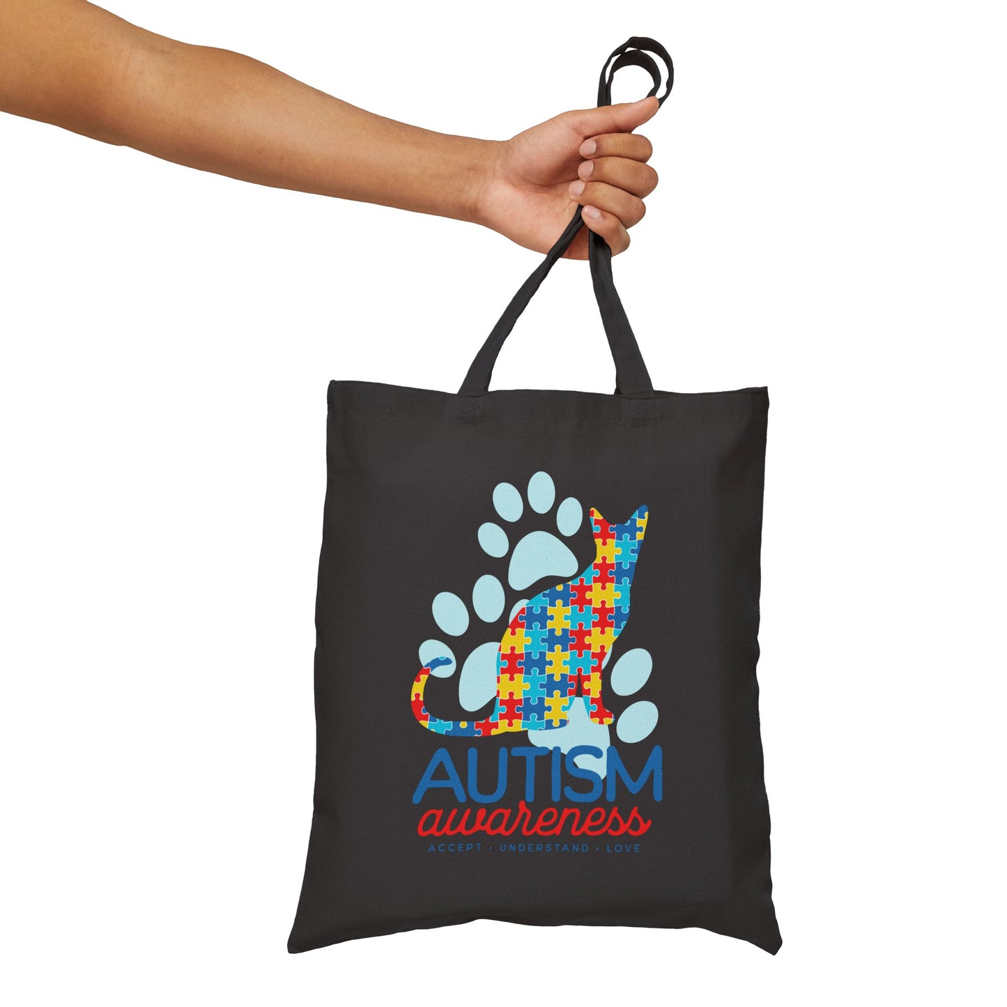 Autism Awareness Cotton Cat Canvas Tote Bag - Supportive & Colorful Design