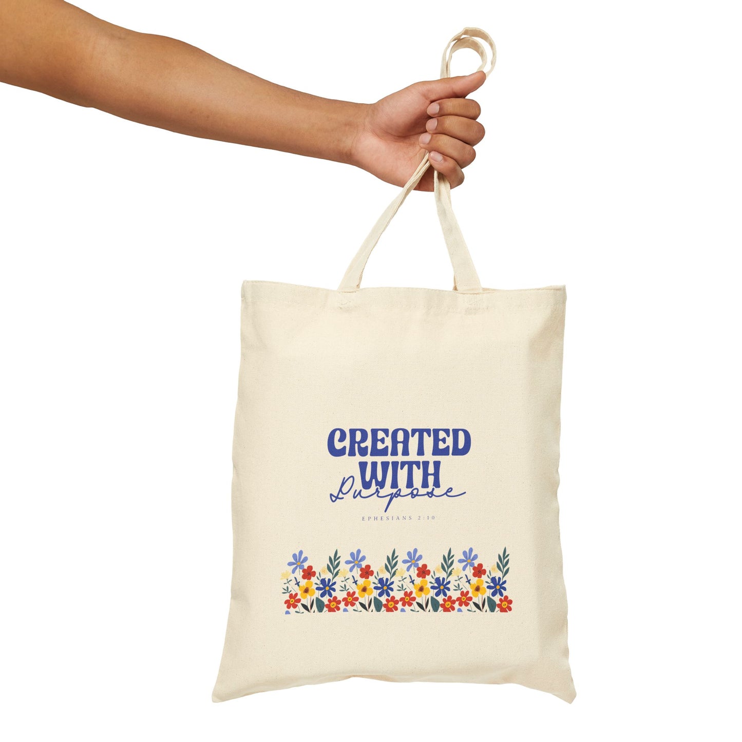 Floral Cotton Canvas Tote Bag - "Created with Purpose" Design