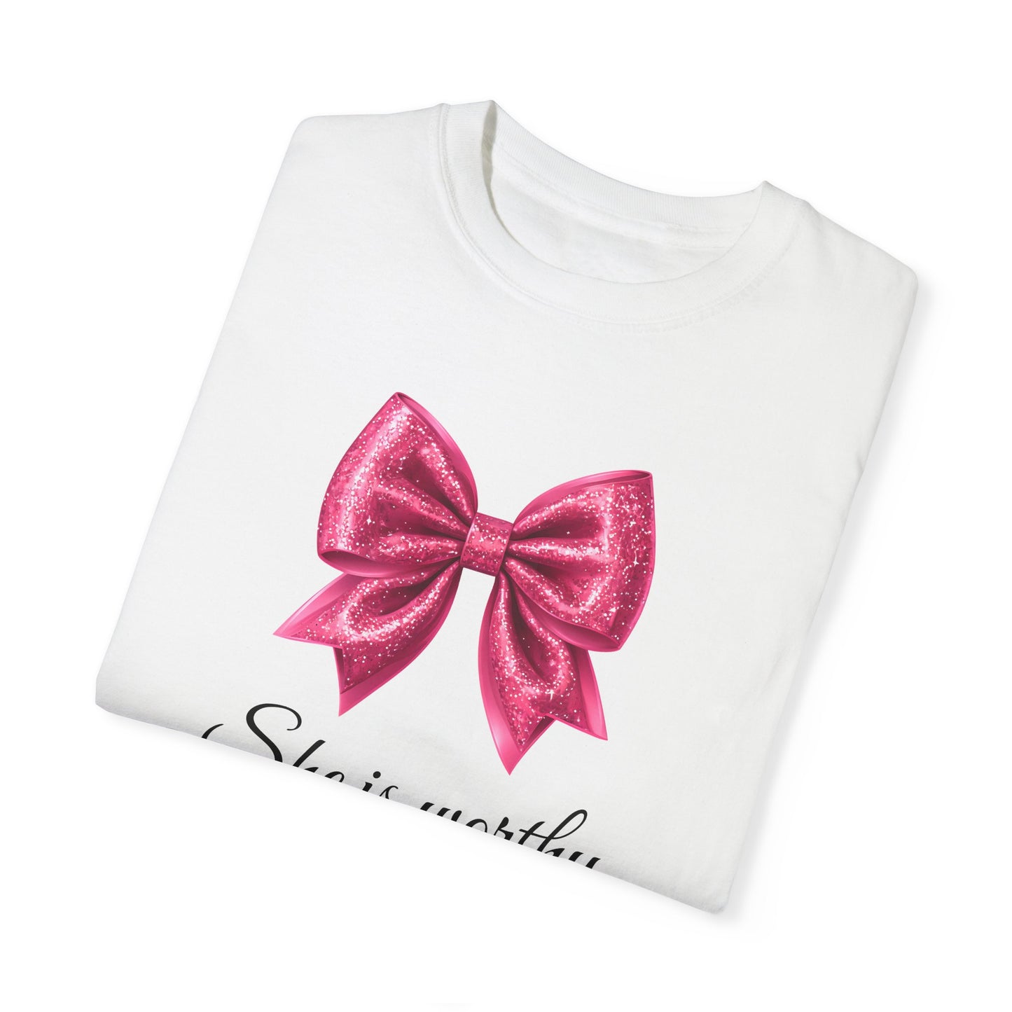 She Is Worthy Coquette Glitter Pink Bow Unisex T-Shirt - Glitter Bow Design