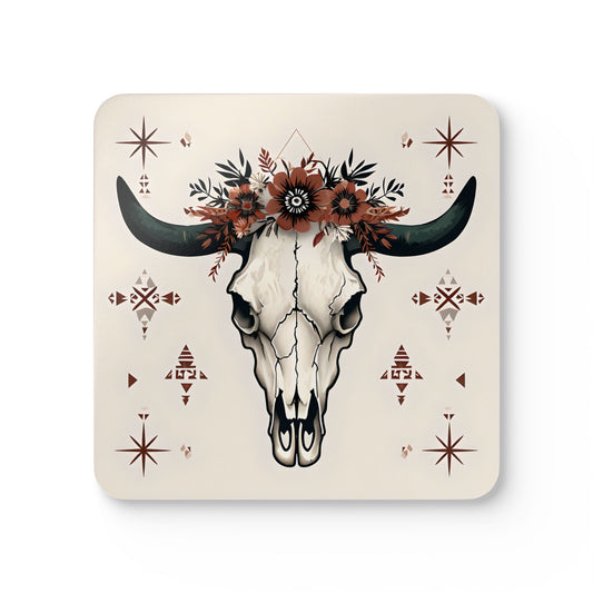 Rustic Floral Skull Coaster Set - Boho Home Decor
