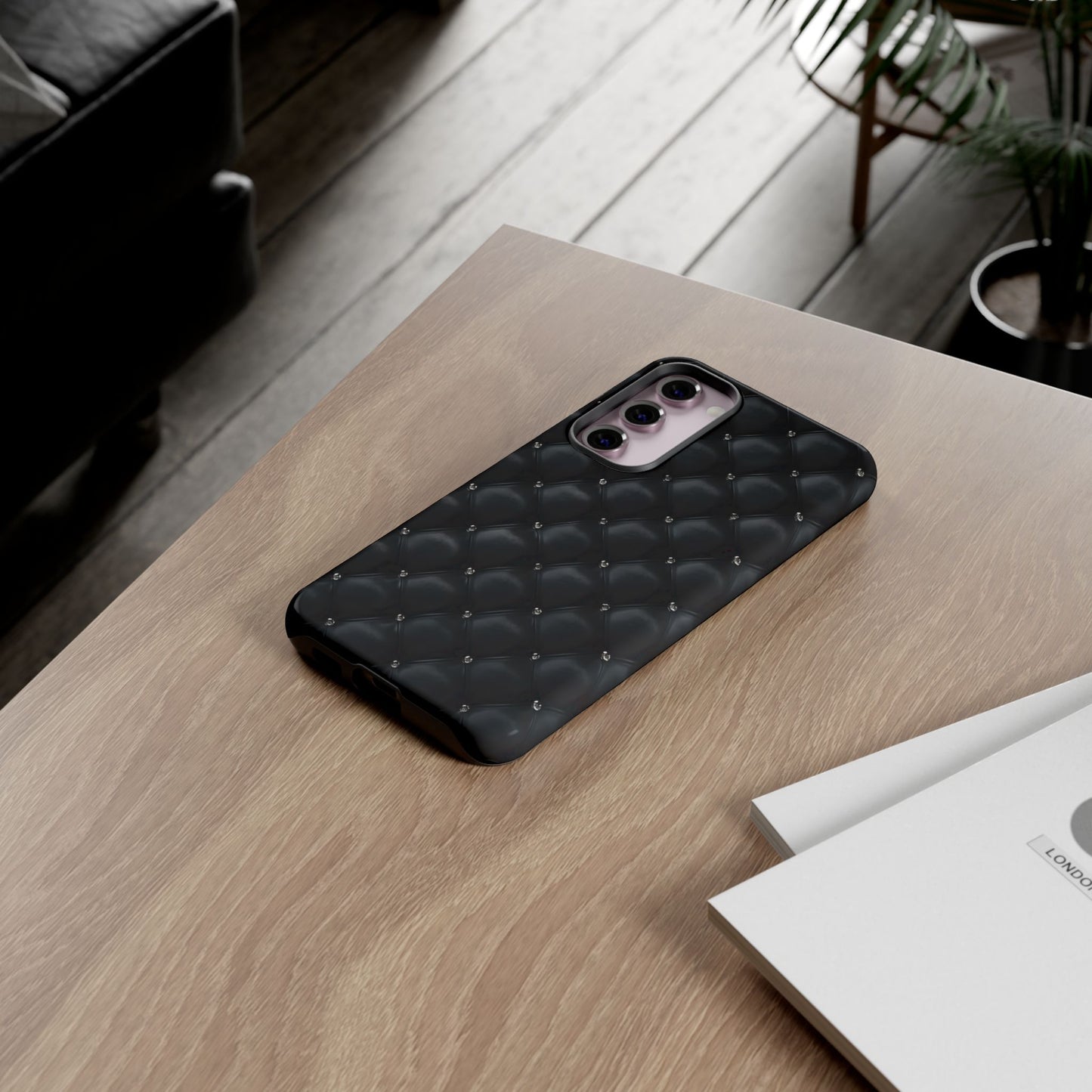 Stylish Tough Phone Case - Elegant Black Quilted Design