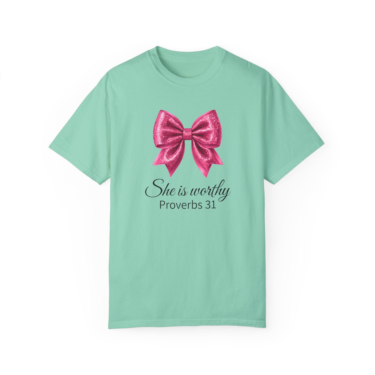 She Is Worthy Coquette Glitter Pink Bow Unisex T-Shirt - Glitter Bow Design