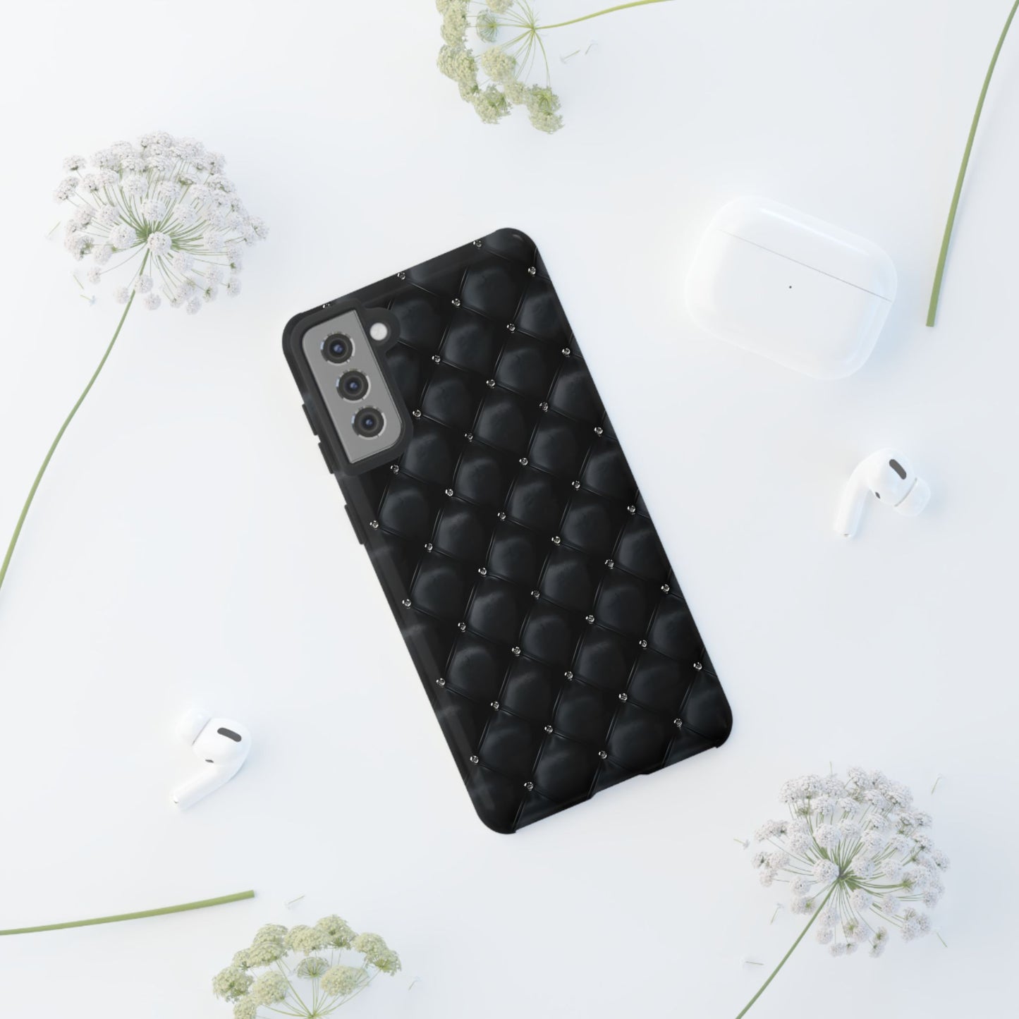 Stylish Tough Phone Case - Elegant Black Quilted Design