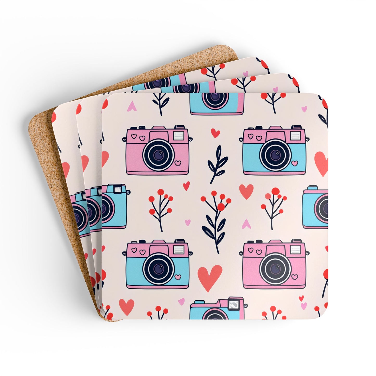 Cute Floral Camera Cork Coaster Set - Perfect for Home Décor & Gift Giving