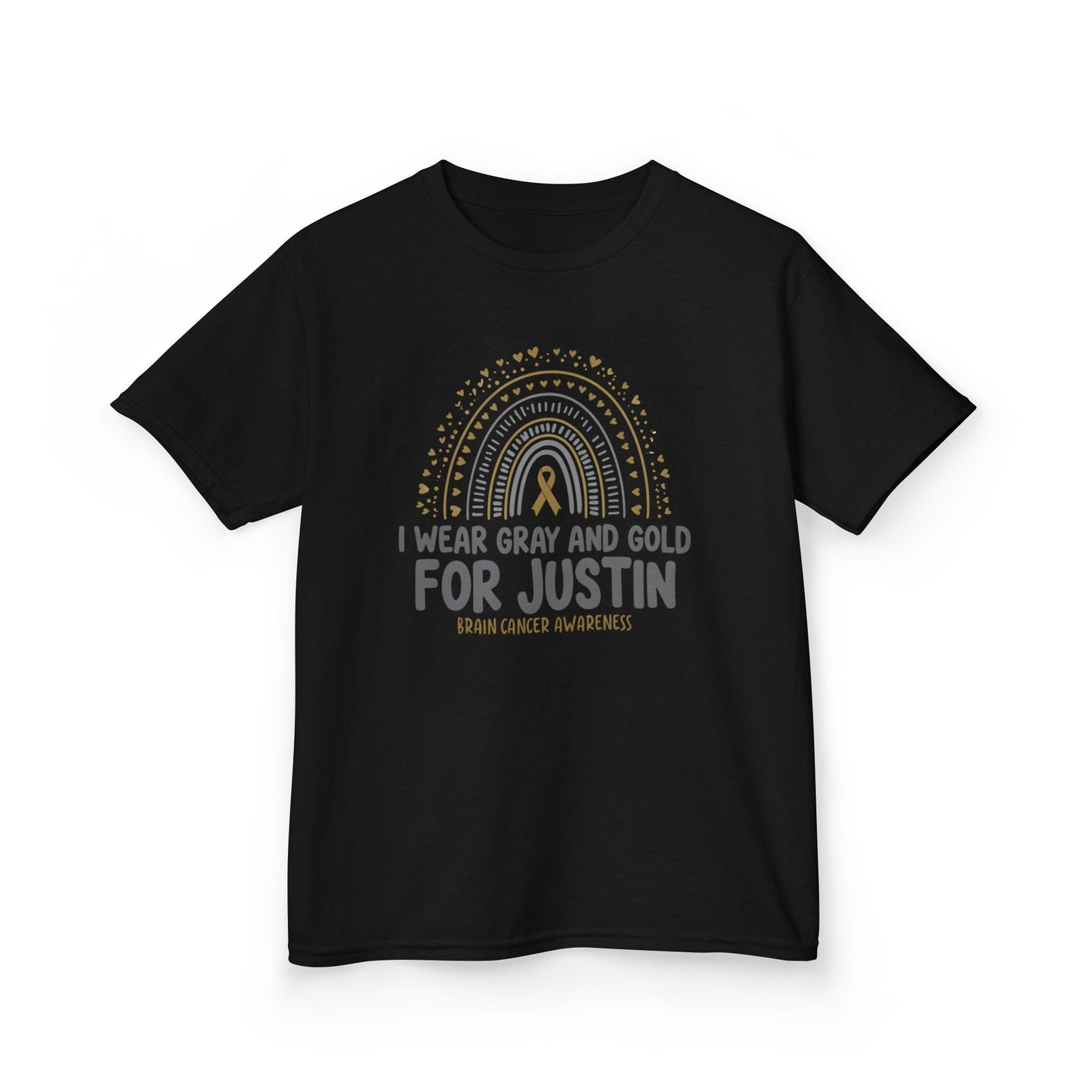 JUSTIN KIDS UNISEX TSHIRT- Kids Brain Cancer Awareness Tee - I Wear Gray and Gold for Justin