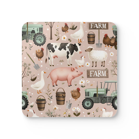 Farm-Themed Cork Coaster Set - Rustic Kitchen Decor