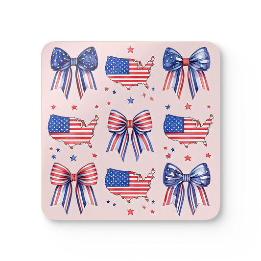 Patriotic Cork Coaster Set – USA Map & Bows - Perfect for Fourth of July Celebrations!