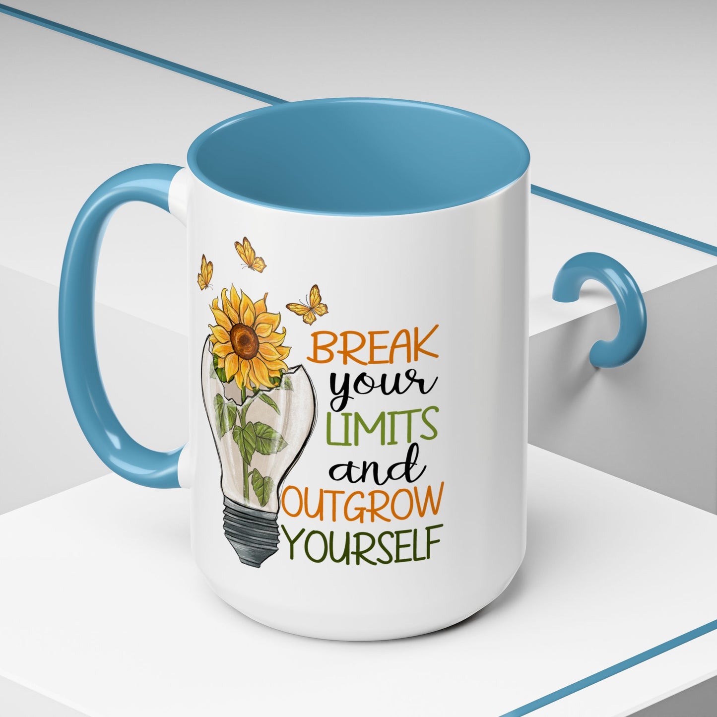 Inspirational Sunflower Coffee Mug - Break Your Limits & Outgrow Yourself - 15oz