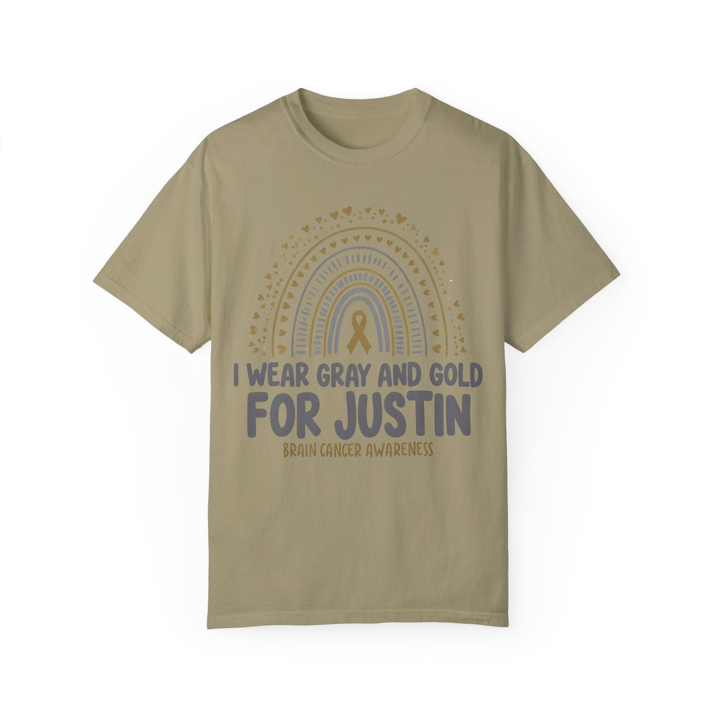 JUSTIN ADULT-Brain Cancer Awareness T-Shirt - I Wear Gray and Gold for Justin