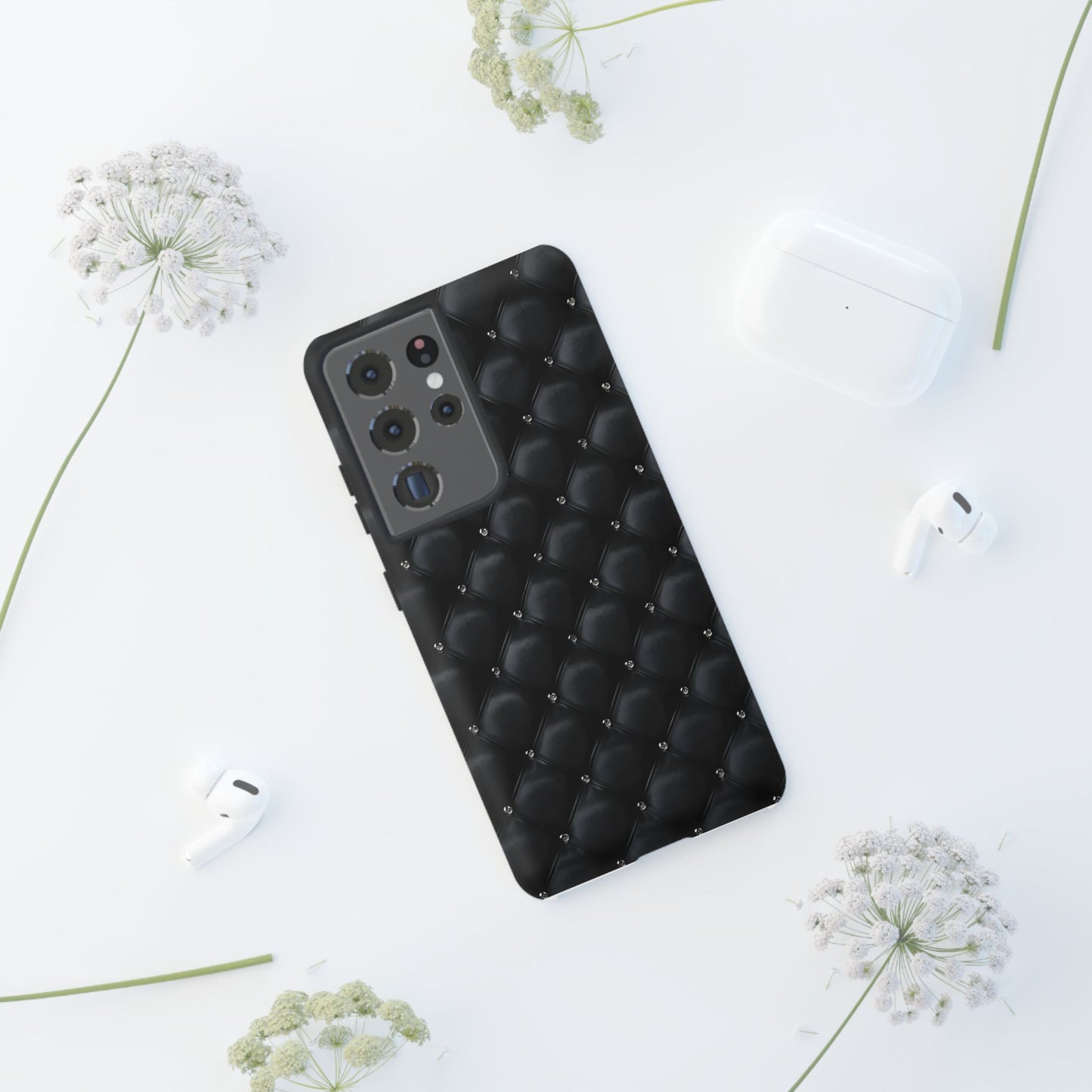 Stylish Tough Phone Case - Elegant Black Quilted Design