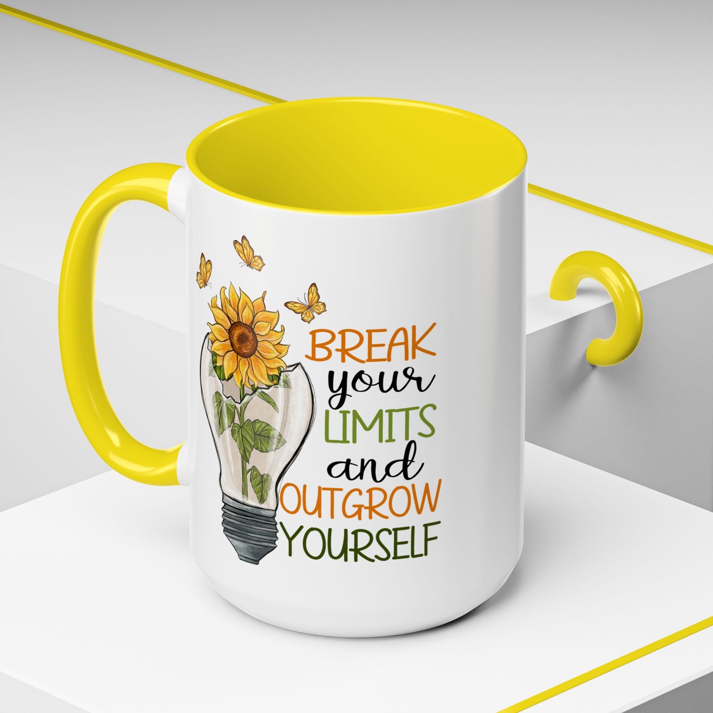 Inspirational Sunflower Coffee Mug - Break Your Limits & Outgrow Yourself - 15oz