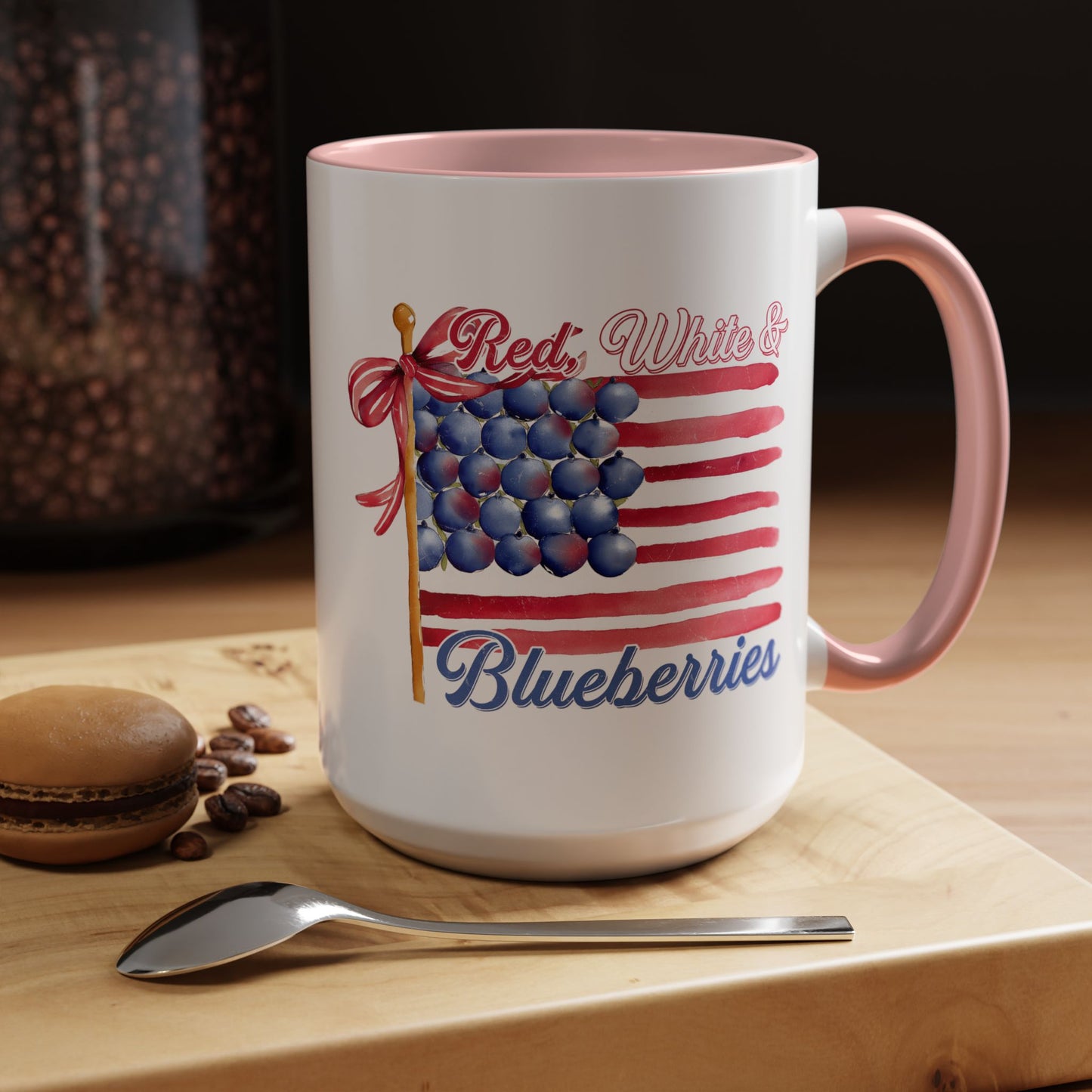 July 4th Accent Coffee Mug with Red, White & Blueberries Design, Patriotic Mug, Americana Decor, Summer BBQ Drinkware, Holiday Gift