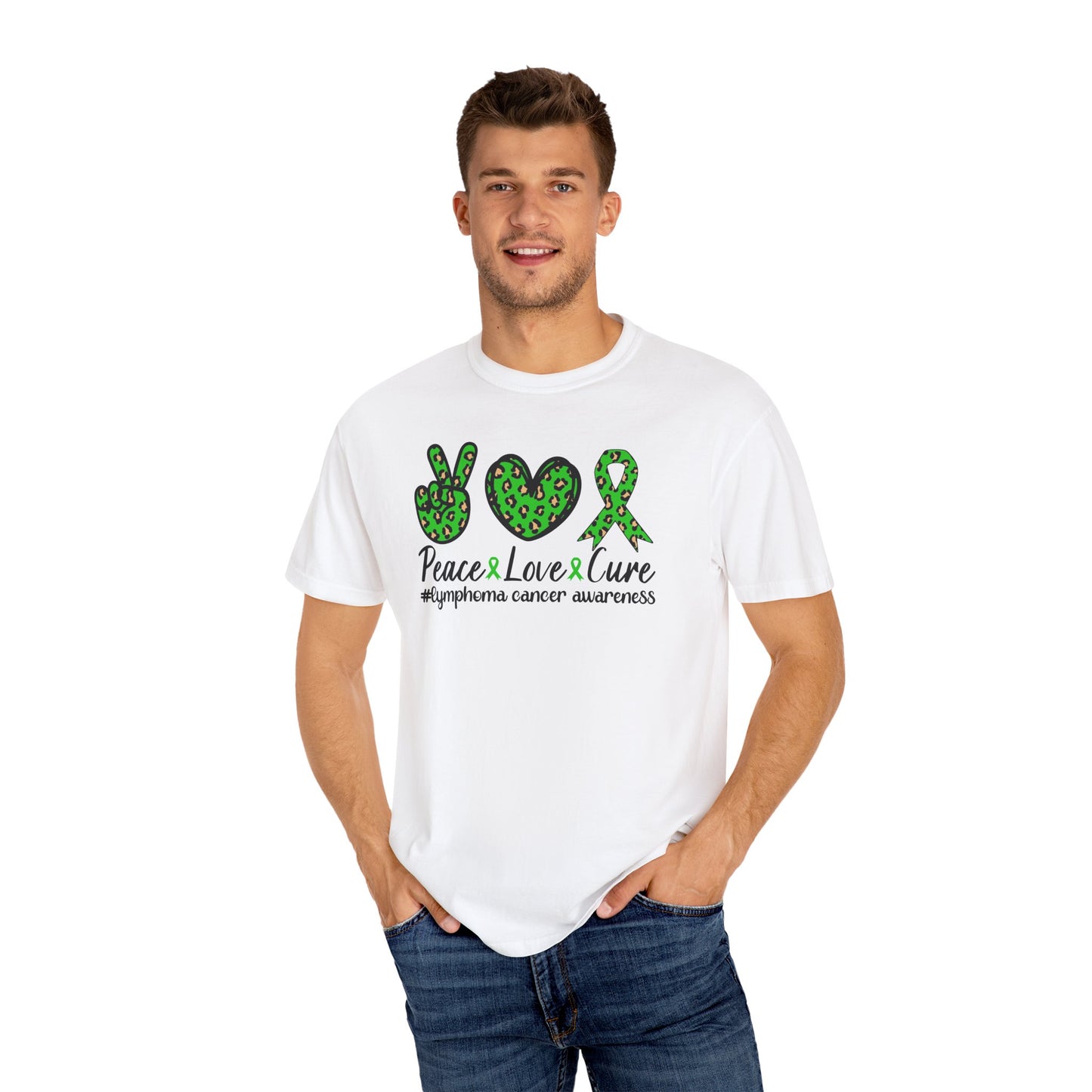 Peace, Love, Cure Unisex Garment-Dyed T-shirt for Lymphoma Awareness, Comfortable Tee, Cancer Support Shirt, Gift for Awareness [...]