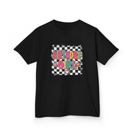 Birthday Girl Kids Heavy Cotton Tee - Fun Checkered Design for Celebrations