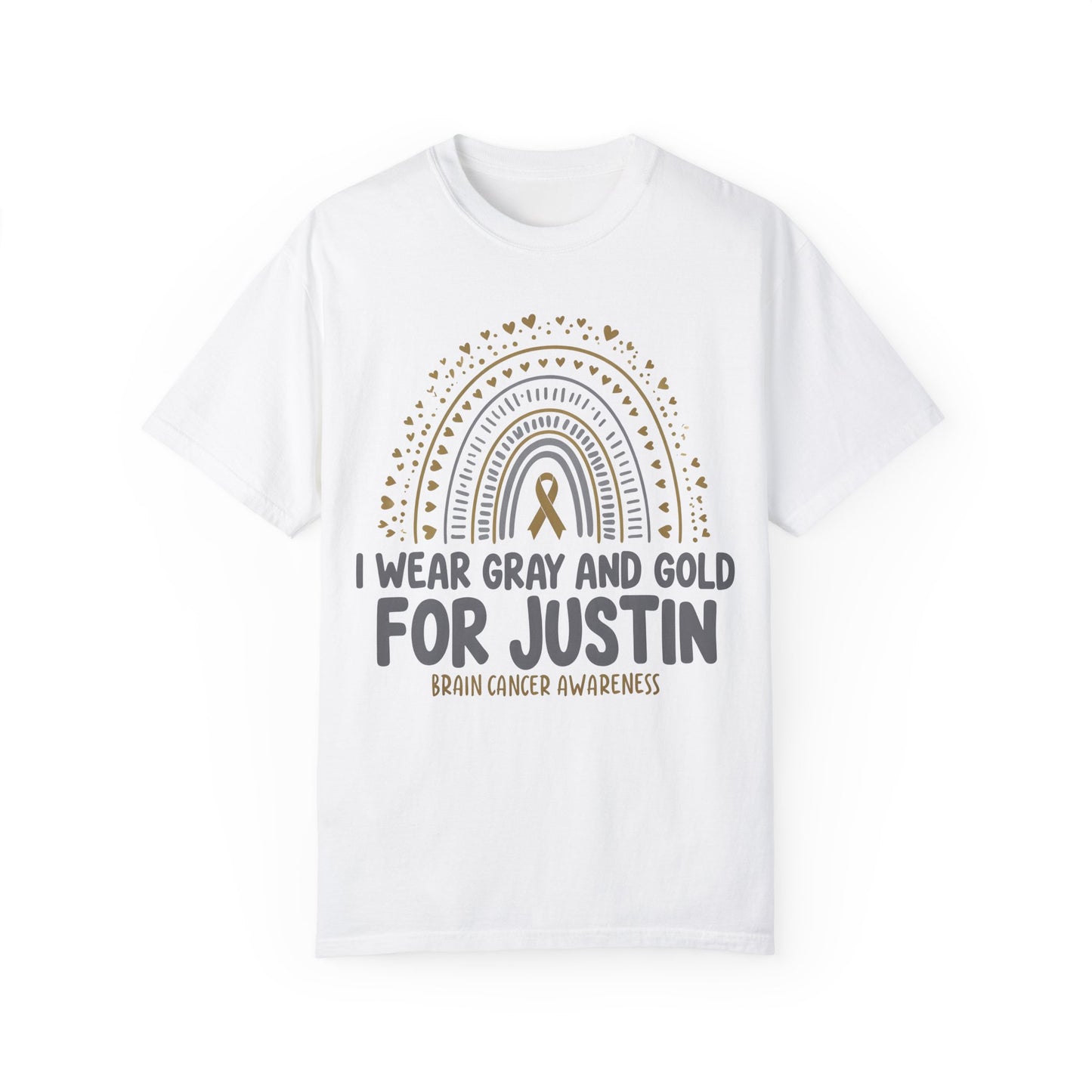 JUSTIN ADULT-Brain Cancer Awareness T-Shirt - I Wear Gray and Gold for Justin