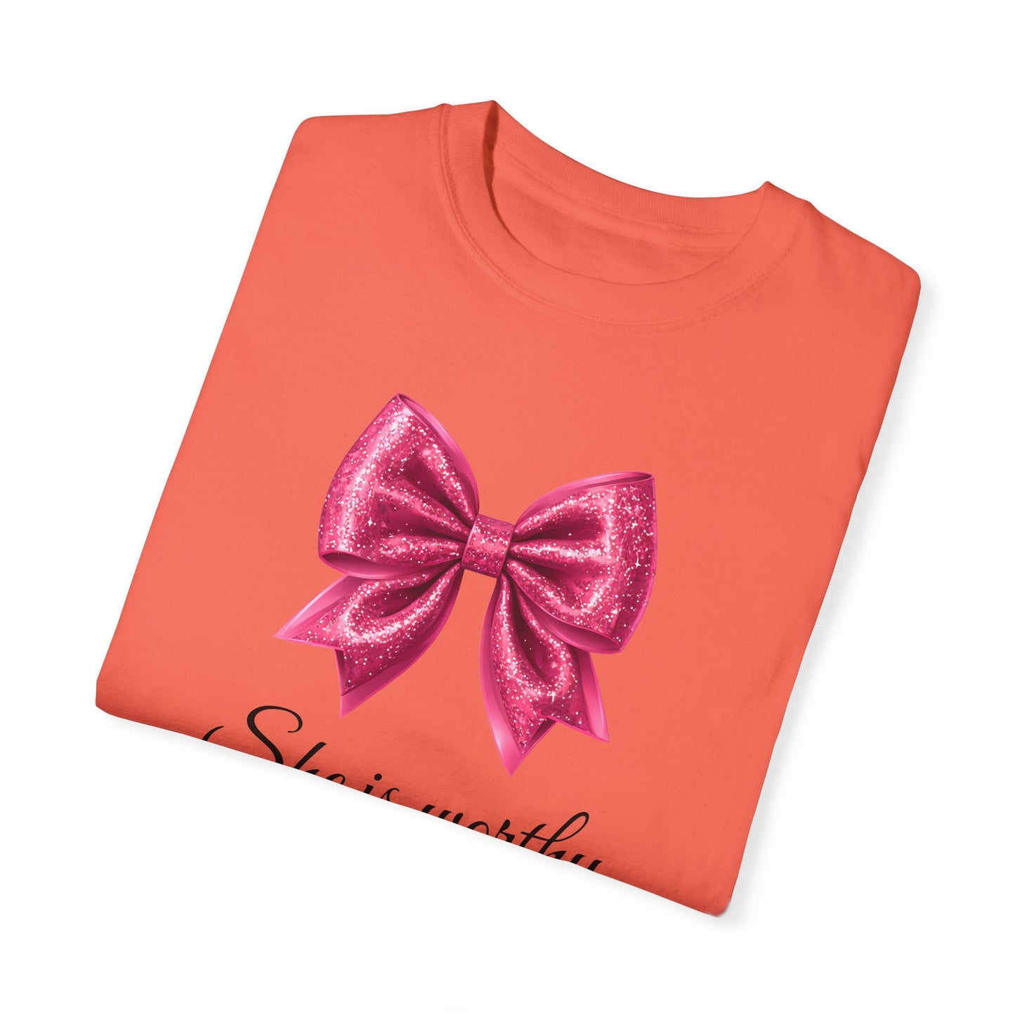 She Is Worthy Coquette Glitter Pink Bow Unisex T-Shirt - Glitter Bow Design