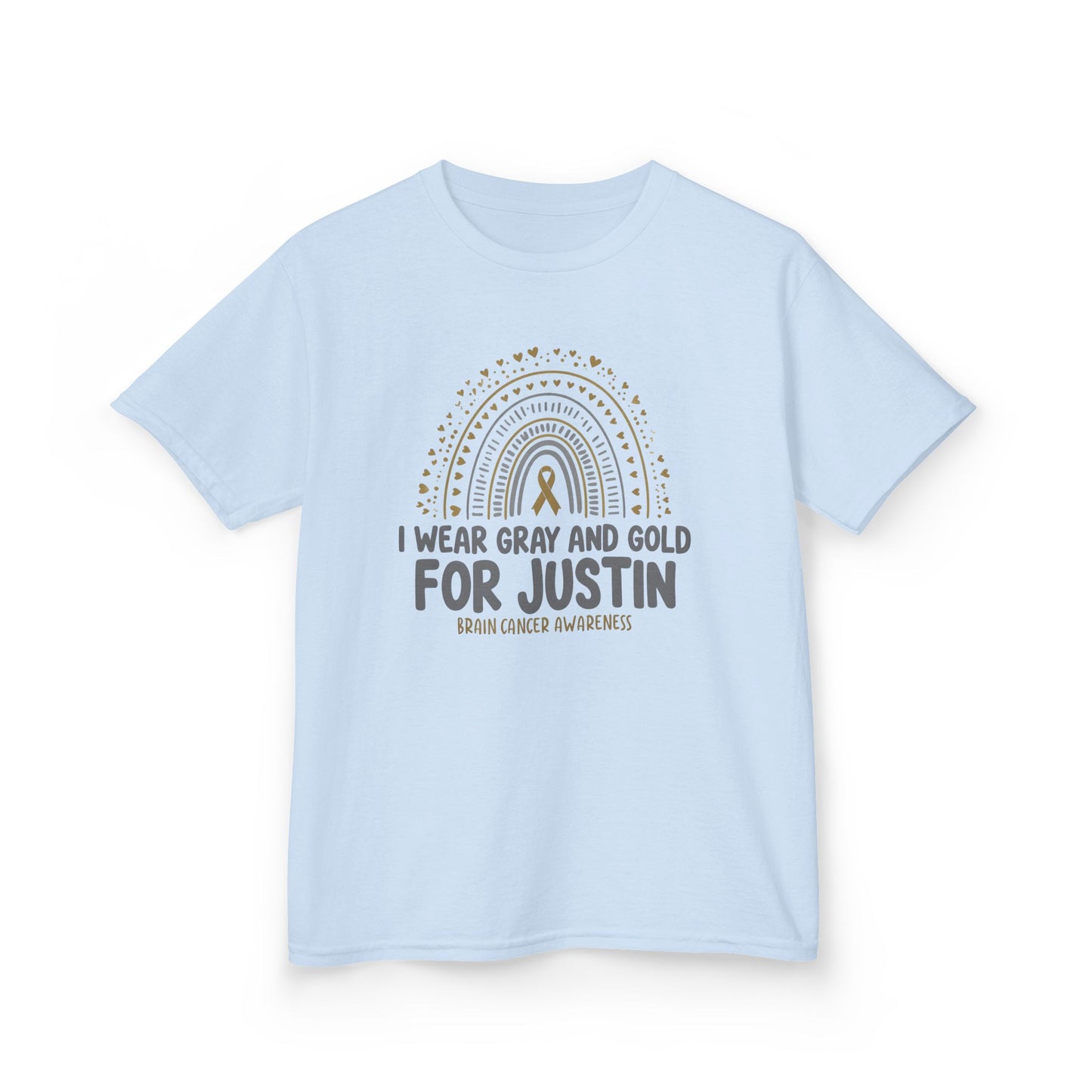 JUSTIN KIDS UNISEX TSHIRT- Kids Brain Cancer Awareness Tee - I Wear Gray and Gold for Justin