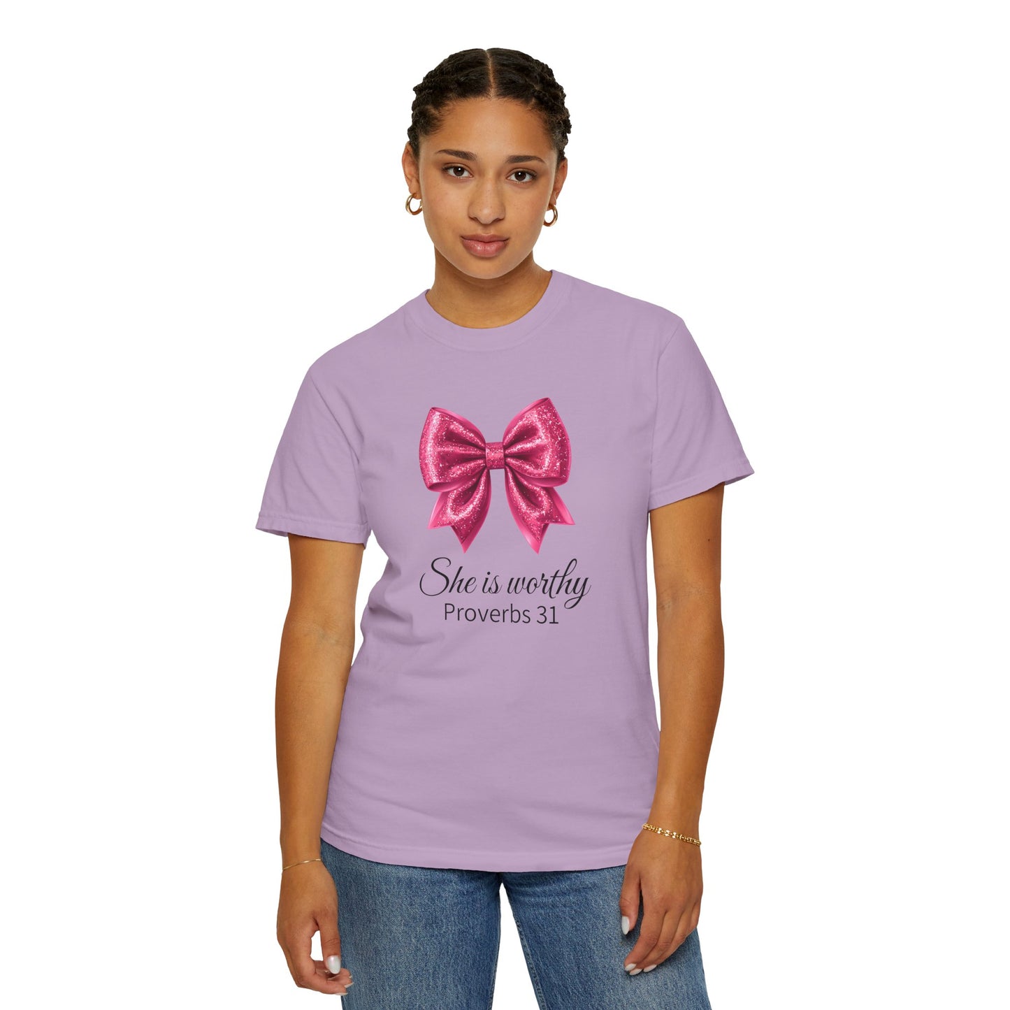 She Is Worthy Coquette Glitter Pink Bow Unisex T-Shirt - Glitter Bow Design