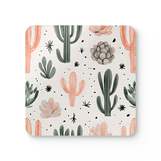 Cactus Print Cork Coaster Set - Decorative Drink Coasters for Home & Parties