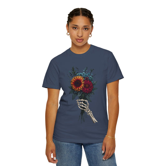 Skeleton Hand Floral Bouquet Tee - Unisex Garment-Dyed T-shirt