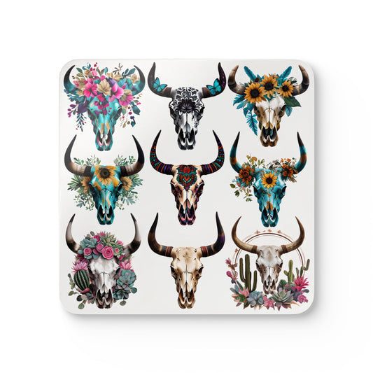Rustic Floral Skull Coaster Set - 9 Unique Corkwood Designs